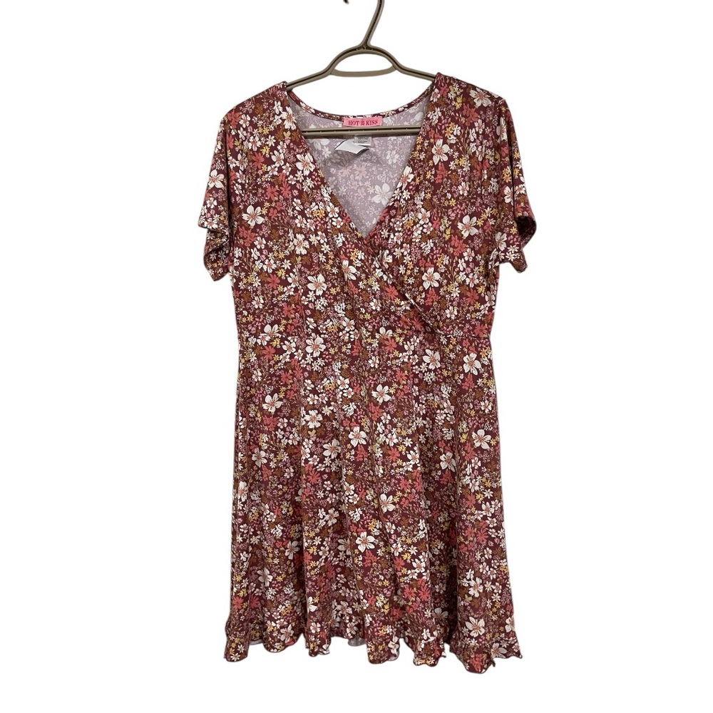 Hot Kiss Floral Deep Wine Pink White Ruffle Mini Sundress Stretchy Dress Large